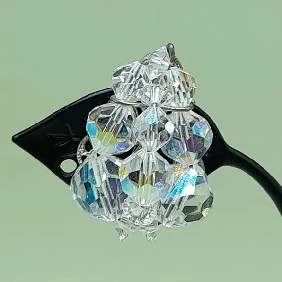 Vintage Aurora Borealis Bead Clip Earrings, 1 1/8 Inch, 1950s - Picture 3 of 10